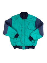 Load image into Gallery viewer, Vintage 2-in-1 bomber jacket sleeveless vest padded lined turquoise green blue college women unisex men L
