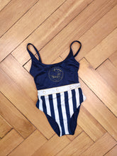 Load image into Gallery viewer, The Swimsuit Blue White Stripe Nautical Embroidery | Vintage second hand body bathing swim wear low back top navy Linea Sprint made in Italy IT46 DE42 S-M
