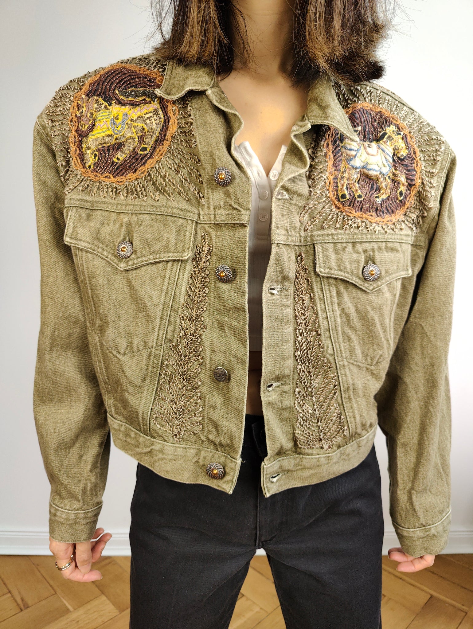 Embroidery Rivet-decorated Goatskin Leather Denim Jacket