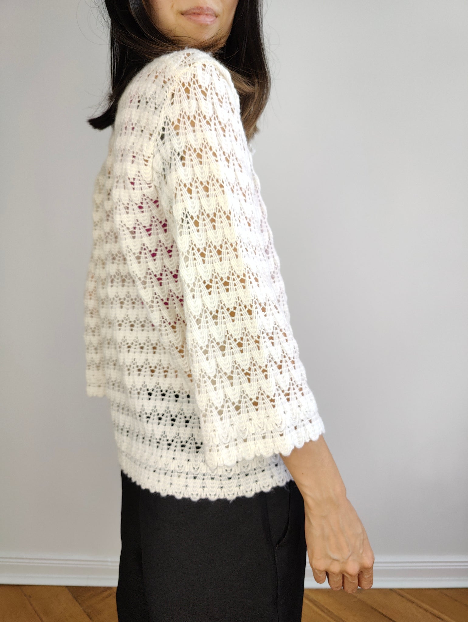 The Crochet Open Knit White Cardigan | Vintage 3/4 bell sleeve bow