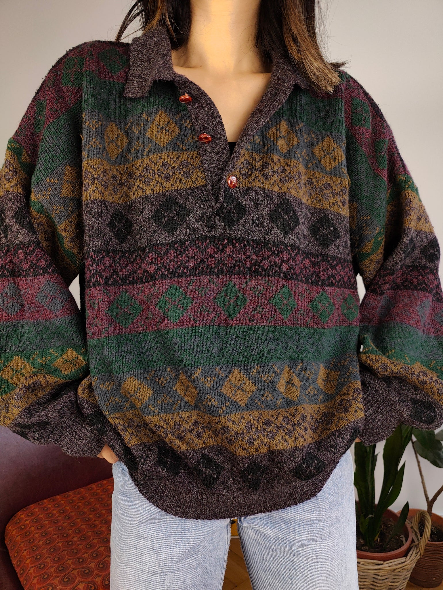 Vintage wool mix knit sweater brown green pattern fall winter