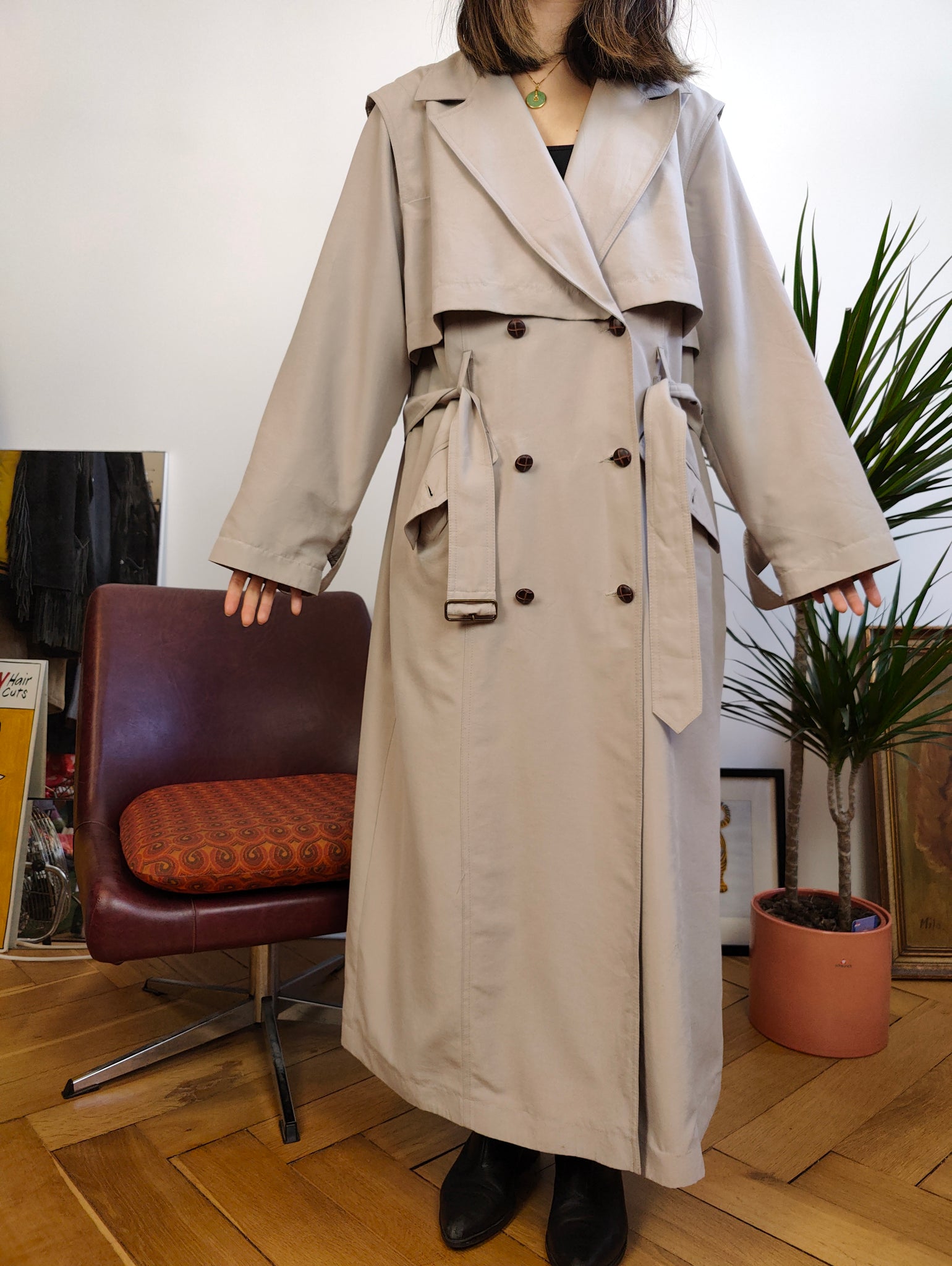 Vintage trench coat beige cream light jacket oversized long maxi