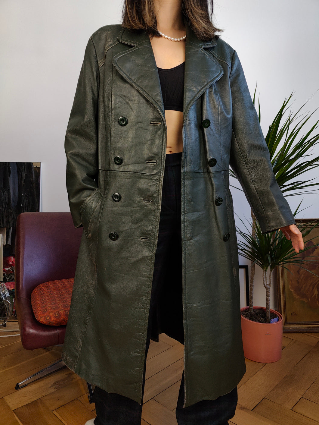 Vintage genuine leather coat khaki green long maxi trench jacket club matrix women S