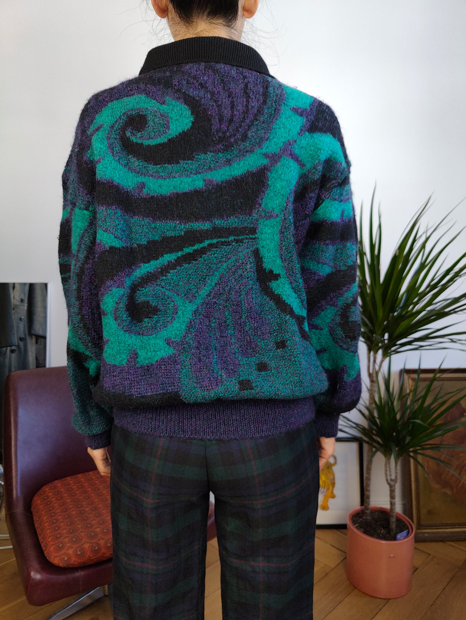 Vintage wool mix knit sweater purple green black crazy pattern