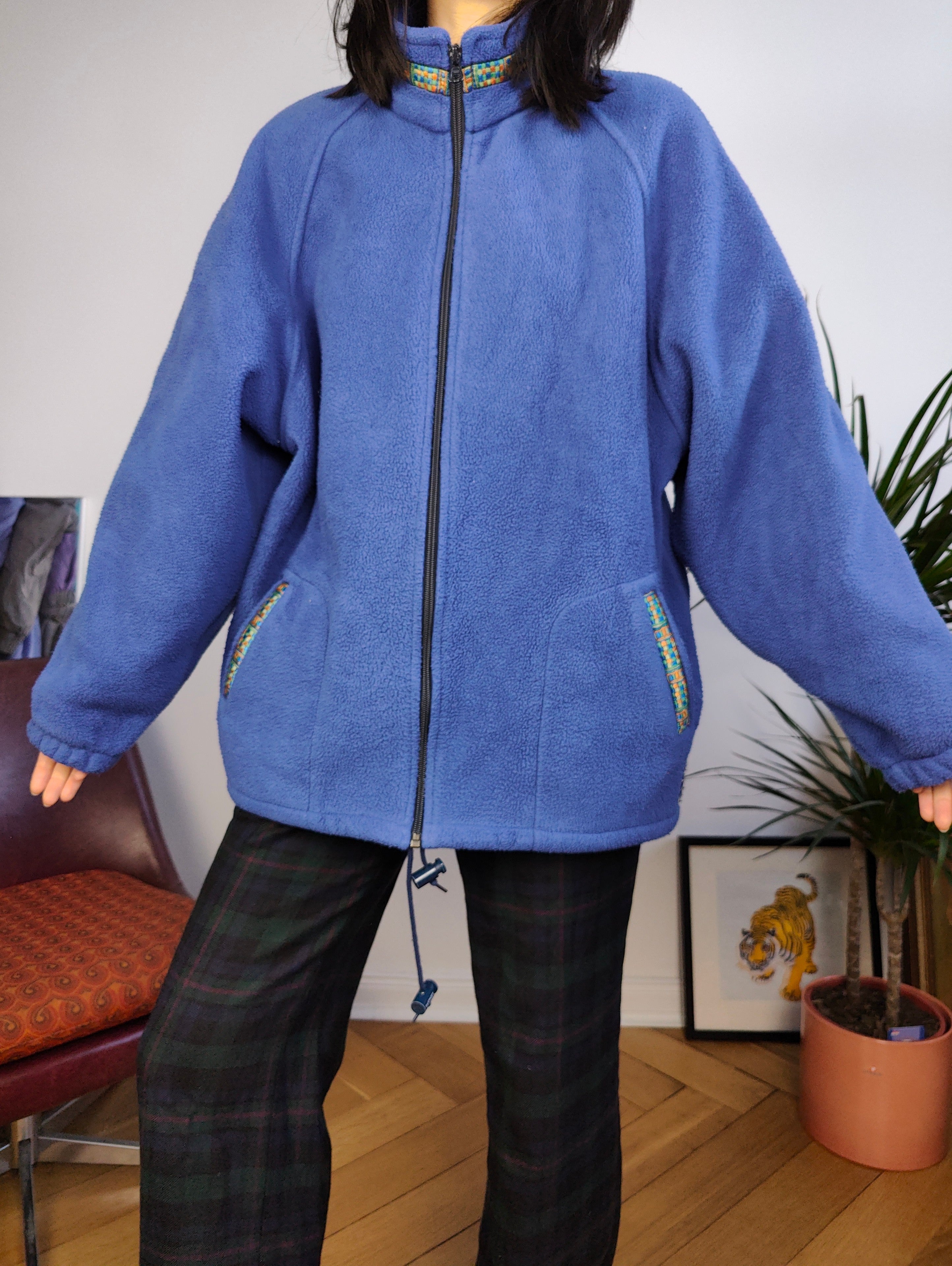 Vintage fleece jacket pullover jumper cardigan plain blue thick