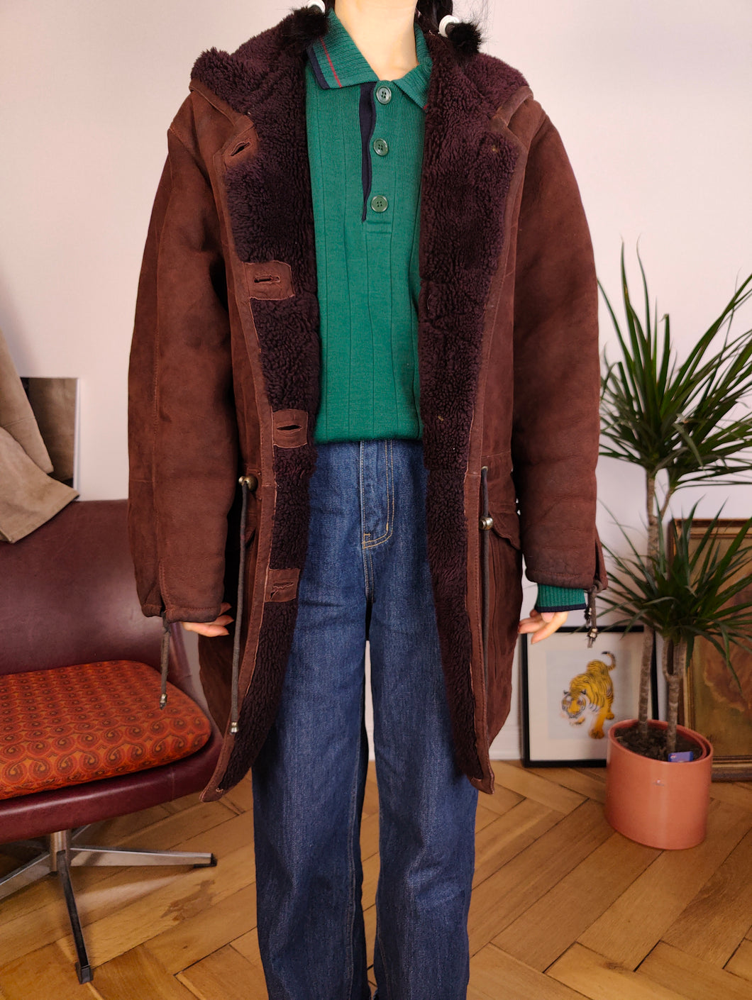 Vintage genuine shearling leather coat hood hoodie red brown sheepskin lambskin suede sherpa Italy IT46 S-M