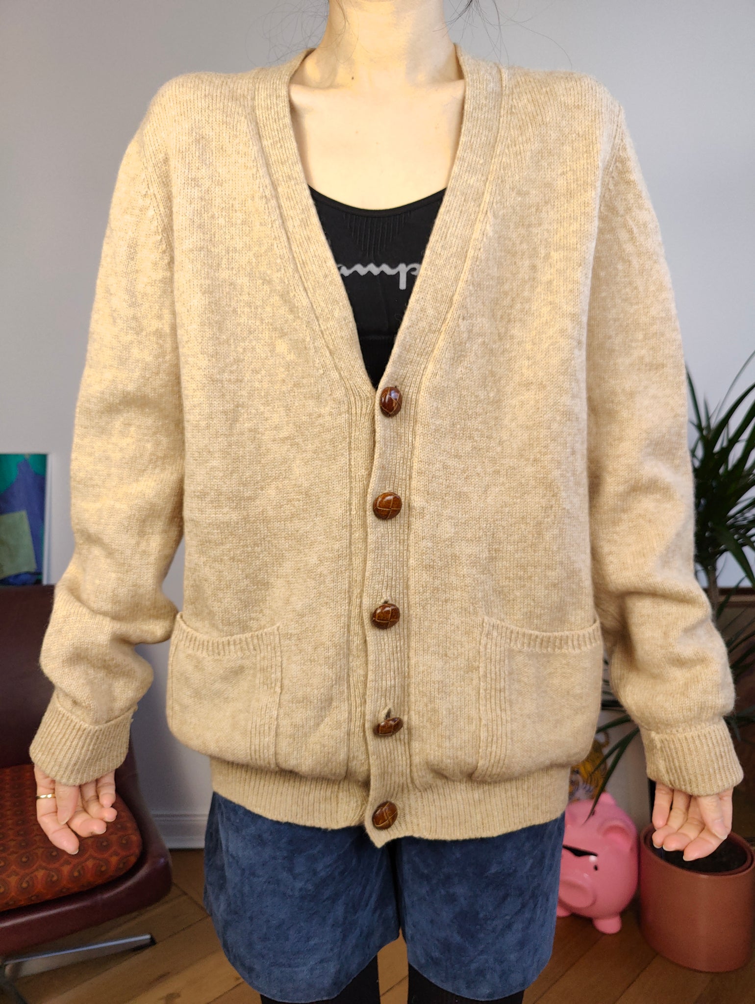 Vintage wool blend cardigan beige plain knit knitted jacket M
