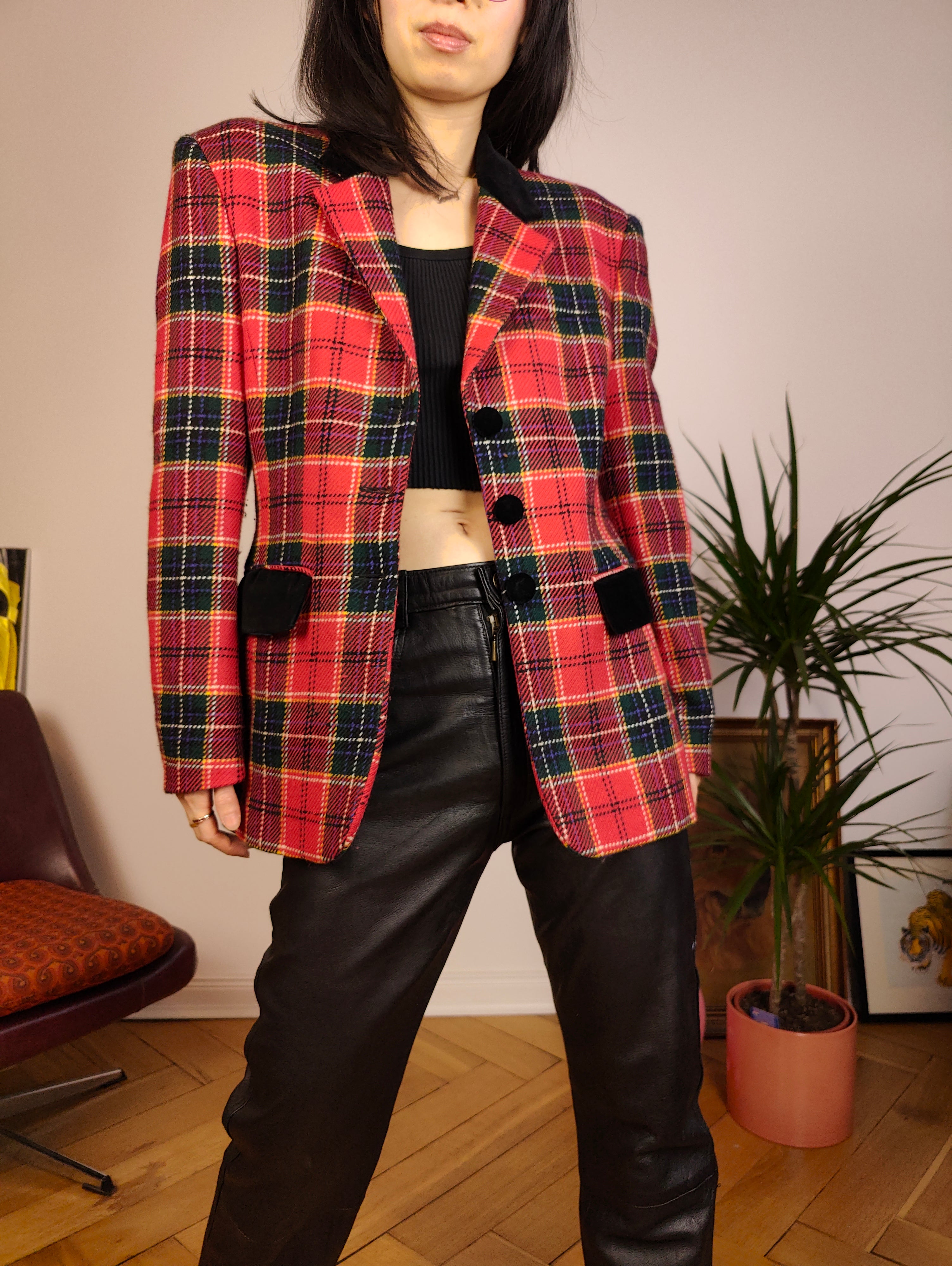 Red and black on sale plaid blazer women's