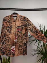 Load image into Gallery viewer, Vintage viscose shirt animal leopard brown rose floral blouse crazy print pattern long sleeve button up women M-L

