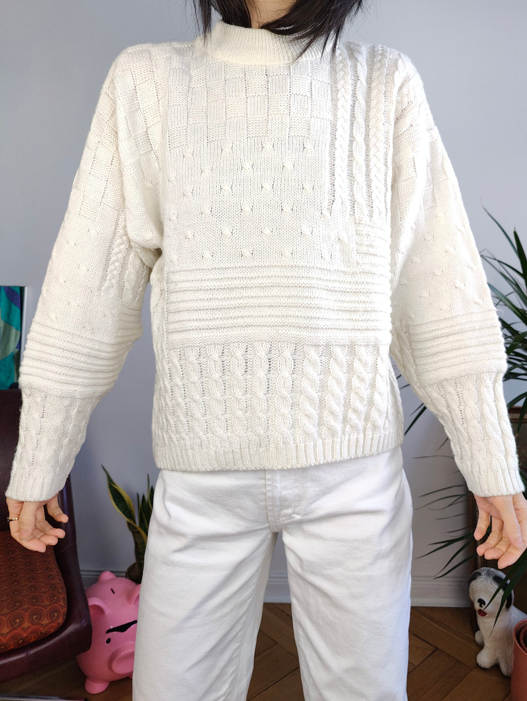 Vintage wool blend knitted sweater white structural cable knit pattern pullover jumper S