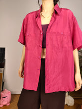 Load image into Gallery viewer, Vintage 100% silk shirt blouse red magenta pink short sleeve button up plain women men unisex L
