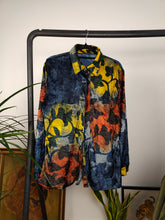 Load image into Gallery viewer, Vintage velvet blouse blue yellow red orange flower abstract print pattern long sleeve button up women M
