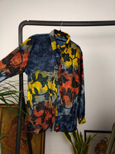 Load image into Gallery viewer, Vintage velvet blouse blue yellow red orange flower abstract print pattern long sleeve button up women M
