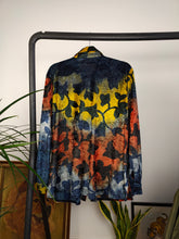 Load image into Gallery viewer, Vintage velvet blouse blue yellow red orange flower abstract print pattern long sleeve button up women M
