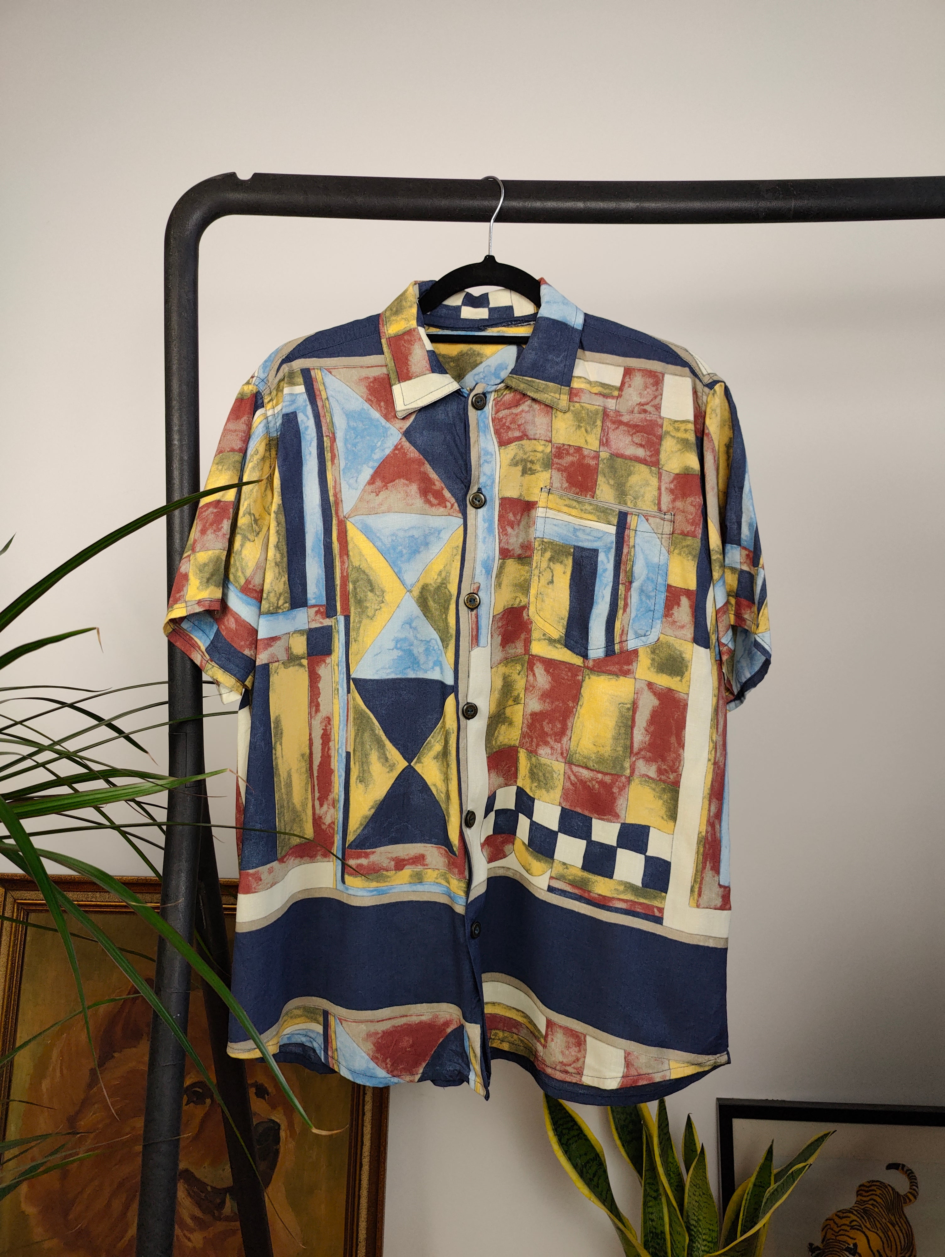 Vintage viscose shirt art print pattern blue yellow red geometric shor –  The Vintage Takeaway