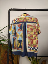 Load image into Gallery viewer, Vintage viscose shirt art print pattern blue yellow red geometric short sleeve button up women men unisex M
