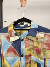 Load image into Gallery viewer, Vintage viscose shirt art print pattern blue yellow red geometric short sleeve button up women men unisex M
