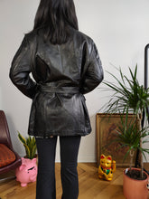 Load image into Gallery viewer, Vintage 100% leather trench coat black double breasted padded lined jacket women M
