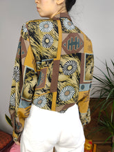 Load image into Gallery viewer, Vintage blouse brown yellow black white geo art print pattern long sleeve button up Sara women UK12 S
