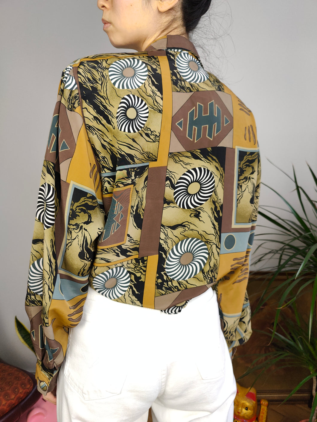 Vintage blouse brown yellow black white geo art print pattern long sleeve button up Sara women UK12 S