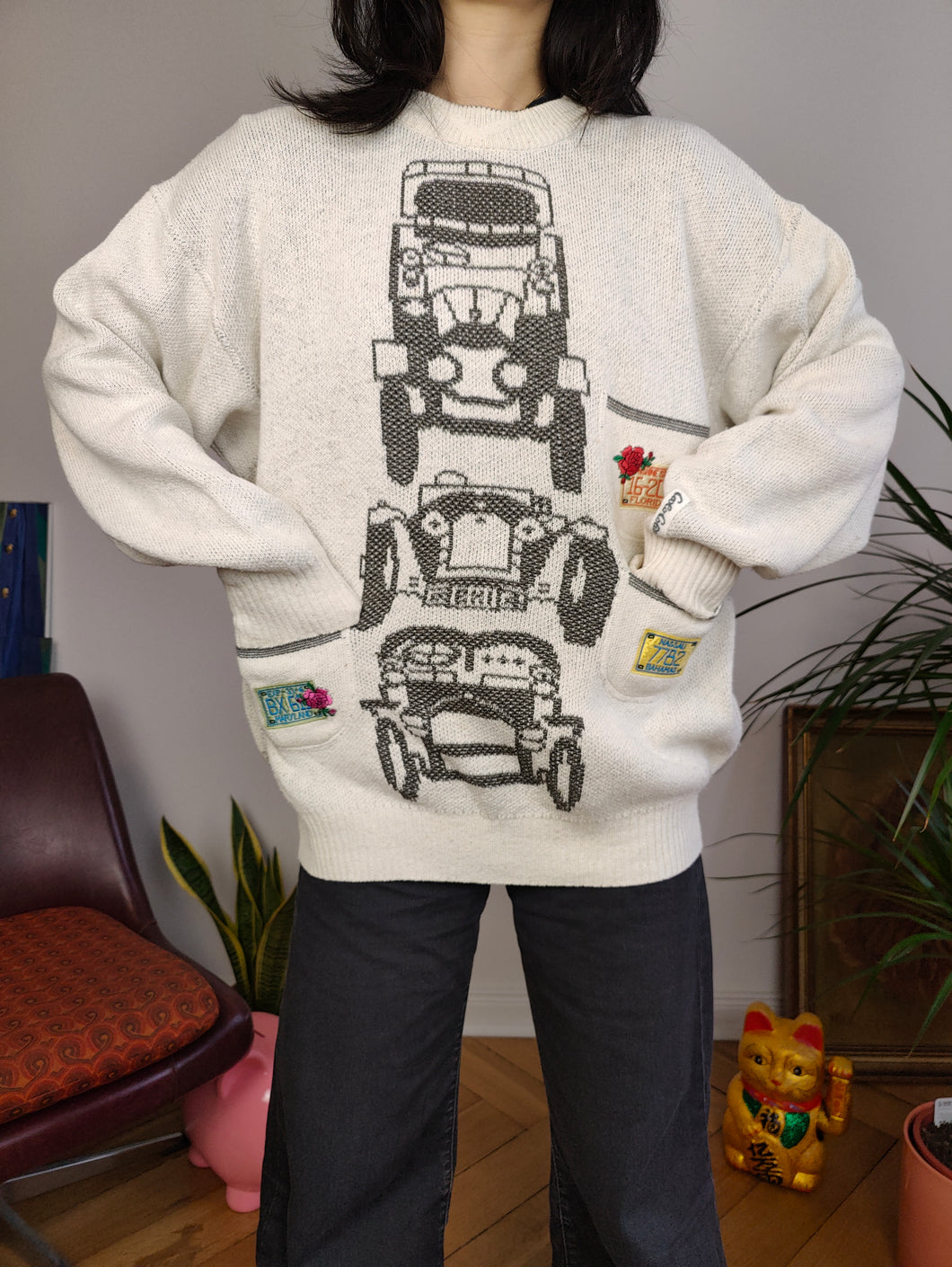 Vintage Carlo Colucci designer car made in West Germany sweater knit white pullover jumper women men unisex L