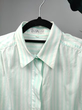 Load image into Gallery viewer, Vintage cotton stripe shirt white mint green stripes button up long sleeve business blouse women L
