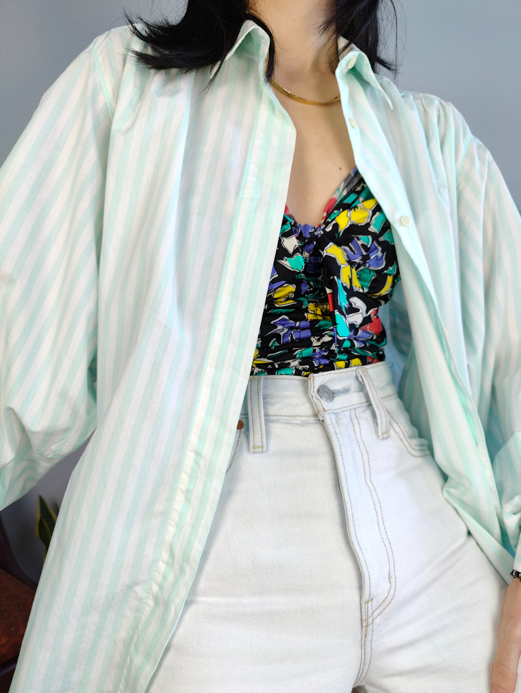 Vintage cotton stripe shirt white mint green stripes button up long sleeve business blouse women L