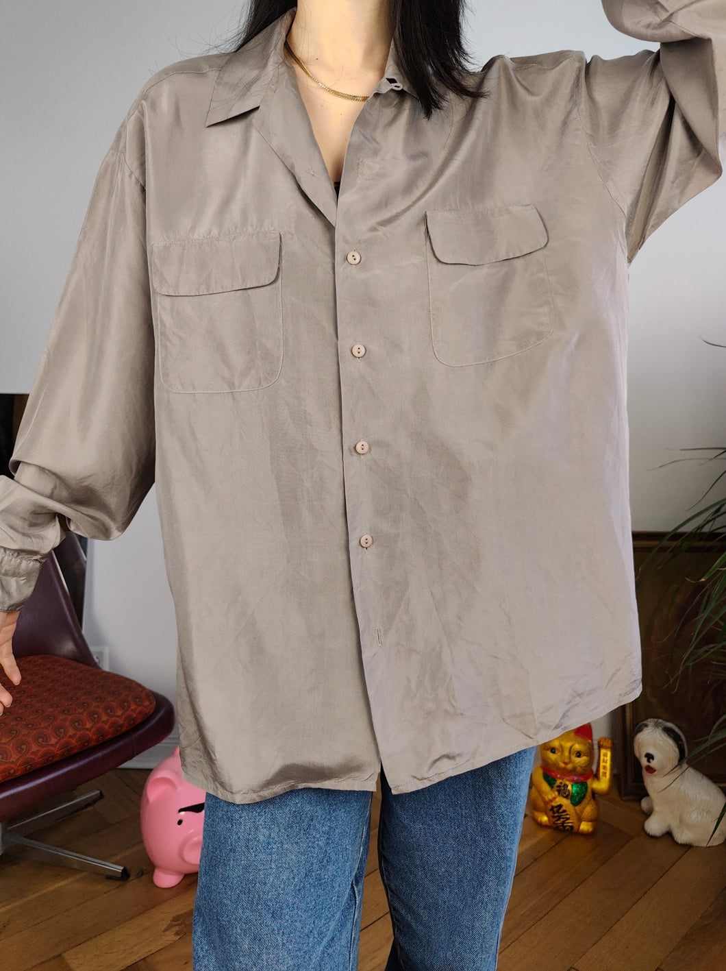 Vintage 100% silk shirt blouse grey beige long sleeve button up plain women Soe Paris M