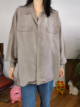 Load image into Gallery viewer, Vintage 100% silk shirt blouse grey beige long sleeve button up plain women Soe Paris M
