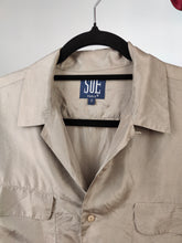 Load image into Gallery viewer, Vintage 100% silk shirt blouse grey beige long sleeve button up plain women Soe Paris M

