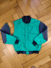 Load image into Gallery viewer, Vintage 2-in-1 bomber jacket sleeveless vest padded lined turquoise green blue college women unisex men L
