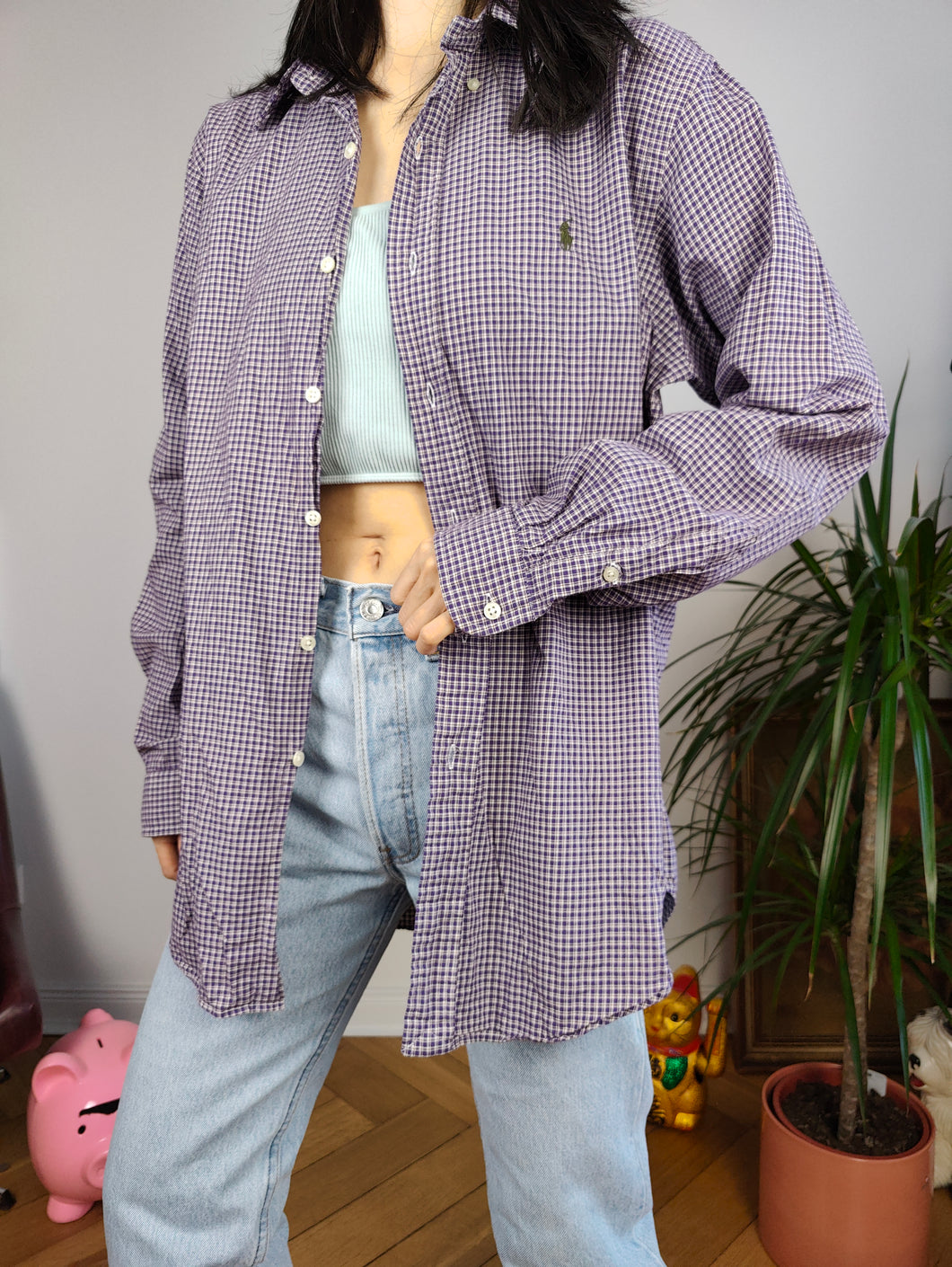 Vintage Ralph Lauren cotton shirt check checker purple button up long sleeve classic fit unisex men M