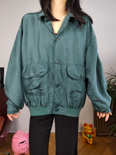 Load image into Gallery viewer, Vintage 90s silk bomber jacket blouson sage green light spring summer women unisex men L
