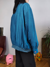Load image into Gallery viewer, Vintage silk bomber jacket blouson blue light spring summer women unisex men 50 L
