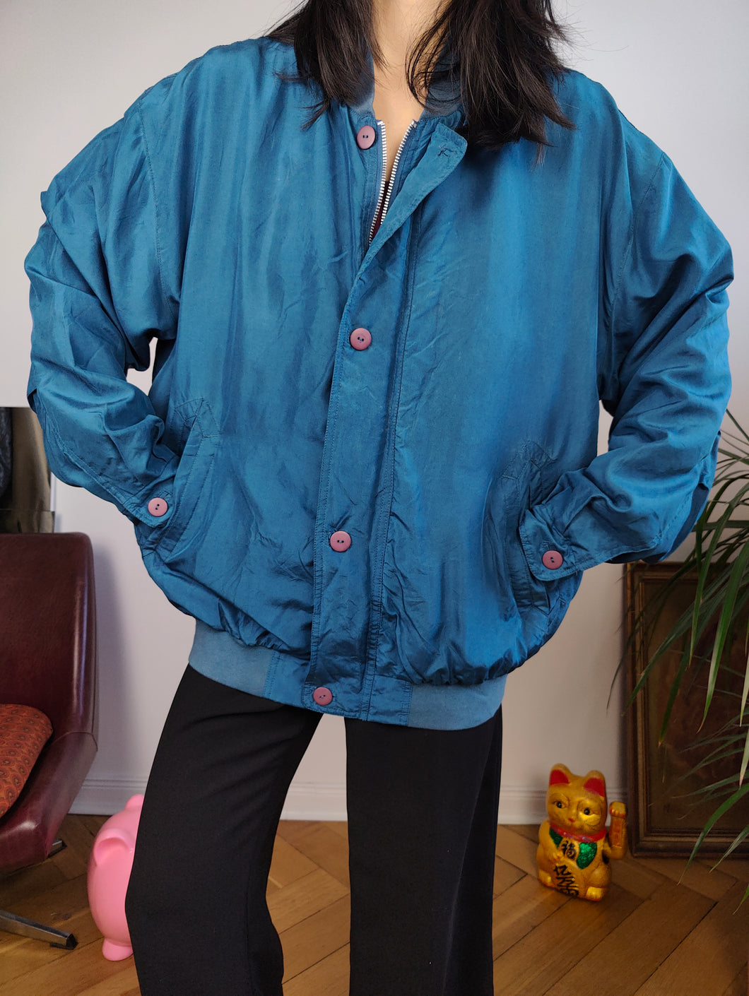 Vintage silk bomber jacket blouson blue light spring summer women unisex men 50 L