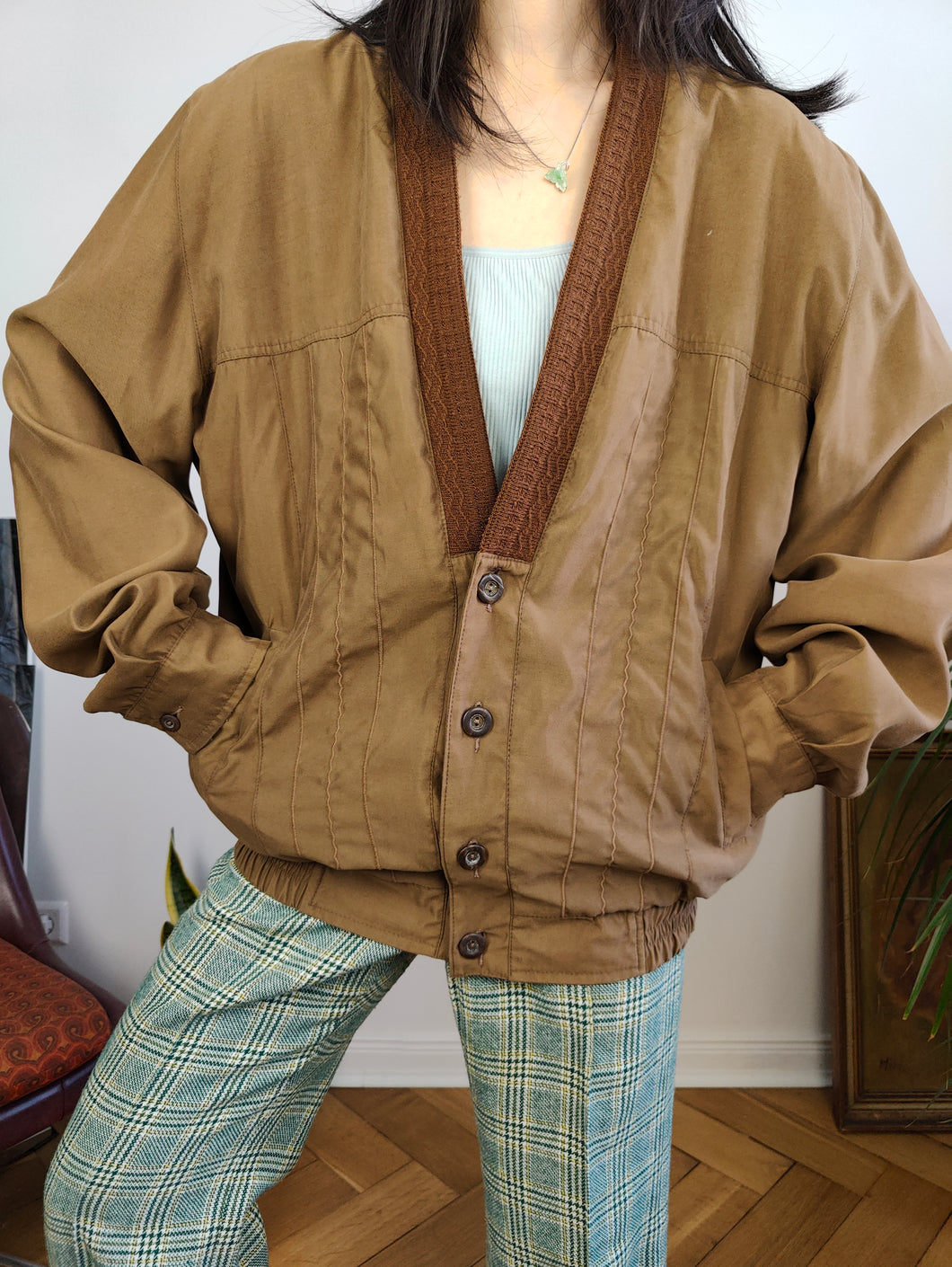 Vintage 90s bomber jacket blouson grandpa brown tan light spring summer women unisex men 48 L-XL