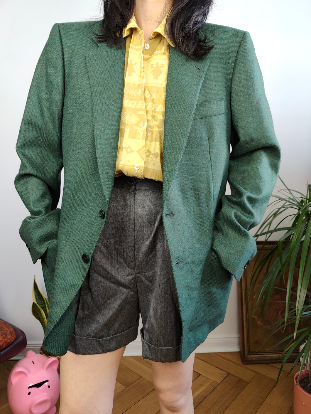 Vintage 100% wool blazer green check pattern jacket women unisex men 48 M