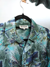 Load image into Gallery viewer, Vintage 100% silk shirt blouse blue green art crazy print pattern button up long sleeve women men unisex M-L
