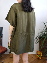 Load image into Gallery viewer, Vintage 100% silk shirt blouse khaki green short sleeve waist cord plain women 44 M
