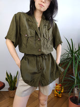 Load image into Gallery viewer, Vintage 100% silk shirt blouse khaki green short sleeve waist cord plain women 44 M
