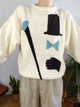 Load image into Gallery viewer, Vintage wool mix white knit knitted sweater fun magician face pattern pullover jumper M
