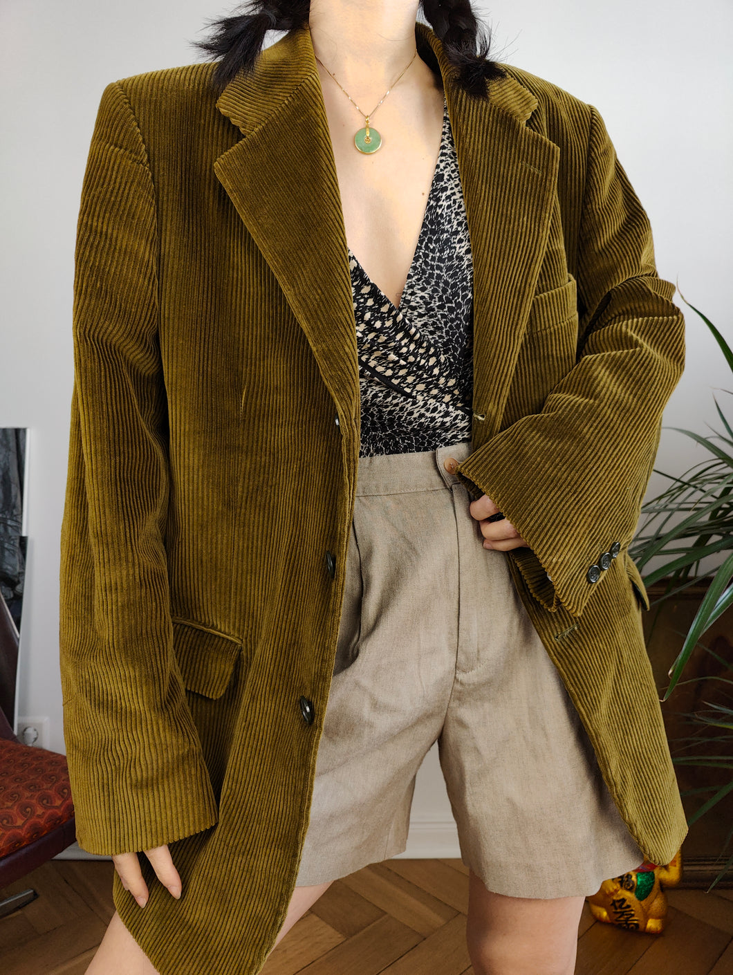 Vintage cord blazer corduroy khaki green ribbed jacket women unisex men 50 M-L