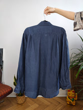 Load image into Gallery viewer, Vintage 100% silk shirt blouse blue navy long sleeve button up plain women Herris Look M-L
