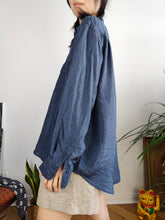 Load image into Gallery viewer, Vintage 100% silk shirt blouse blue navy long sleeve button up plain women Herris Look M-L
