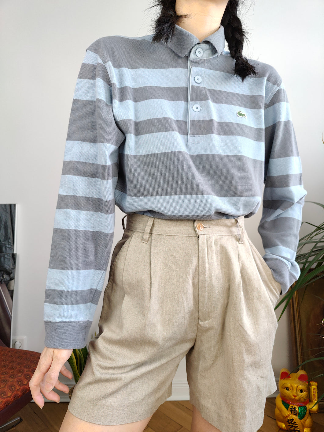 Vintage Lacoste long sleeve polo shirt stripes grey blue rugby cotton sweater sweatshirt women unisex men S