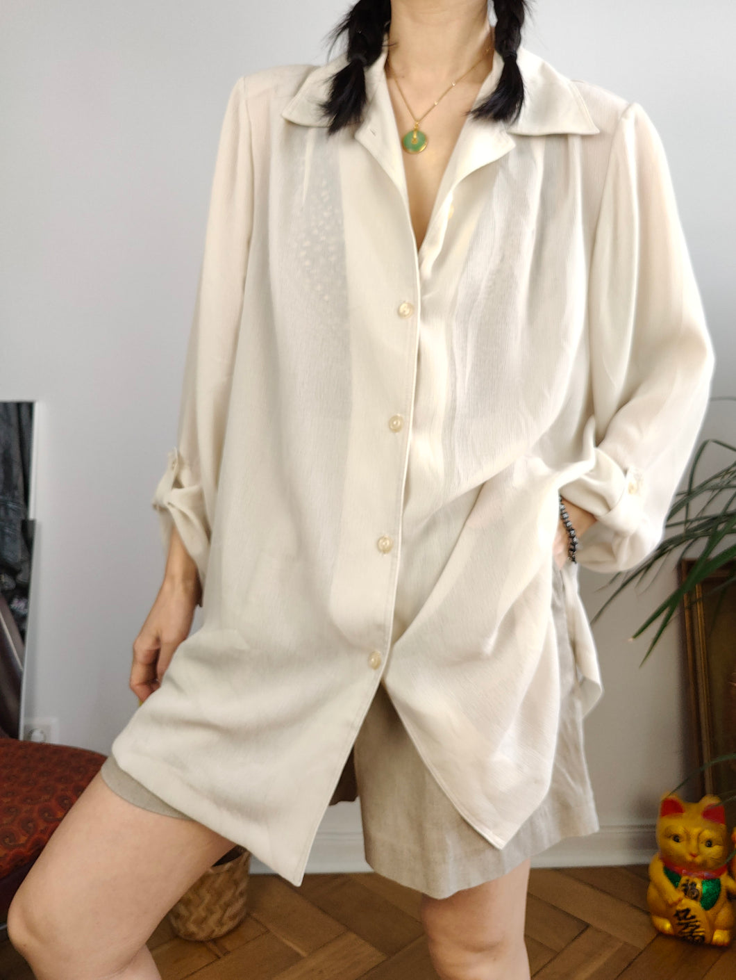 Vintage cream off white beige blouse button up long sleeve shirt sheer see through women L