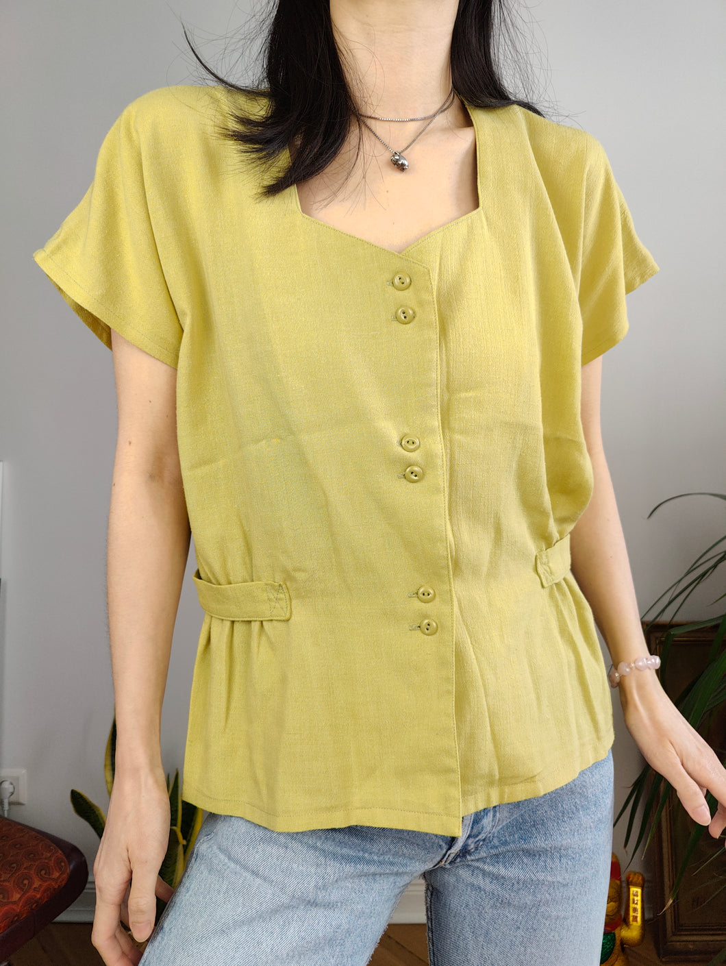 Vintage 80s blouse plain yellow pastel short sleeve women 38 S-M