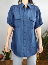 Load image into Gallery viewer, Vintage 100% silk shirt blouse blue short sleeve button up plain women unisex men M
