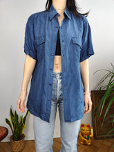 Load image into Gallery viewer, Vintage 100% silk shirt blouse blue short sleeve button up plain women unisex men M
