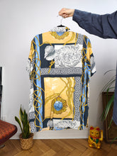 Load image into Gallery viewer, Vintage viscose shirt baroque print pattern blue yellow nautical short sleeve women men unisex 12/40 M
